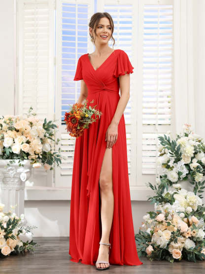 V-Neck A-Line Floor-Length Bridesmaid Dress with Side Split and Short Sleeves