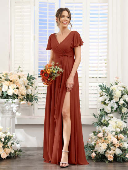 V-Neck A-Line Floor-Length Bridesmaid Dress with Side Split and Short Sleeves