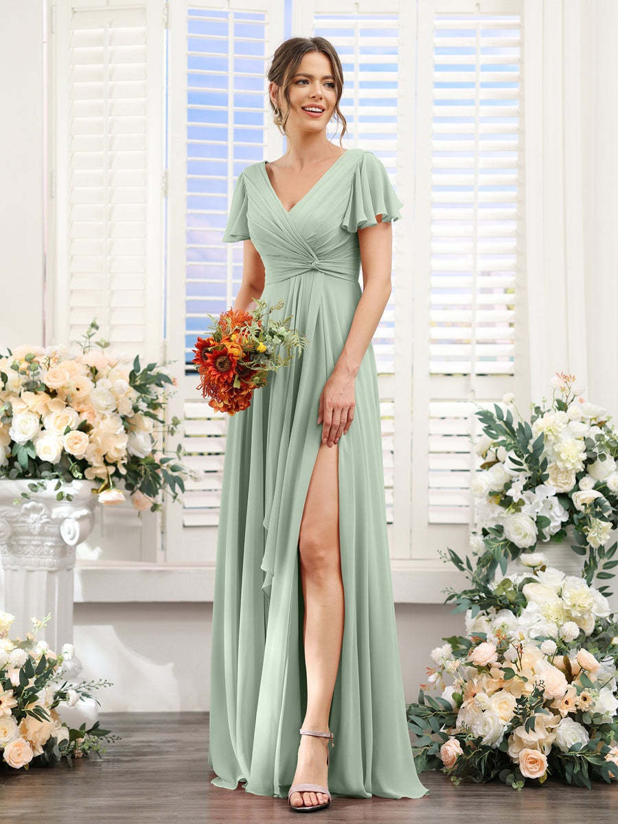 V-Neck A-Line Floor-Length Bridesmaid Dress with Side Split and Short Sleeves