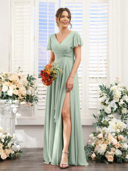 V-Neck A-Line Floor-Length Bridesmaid Dress with Side Split and Short Sleeves