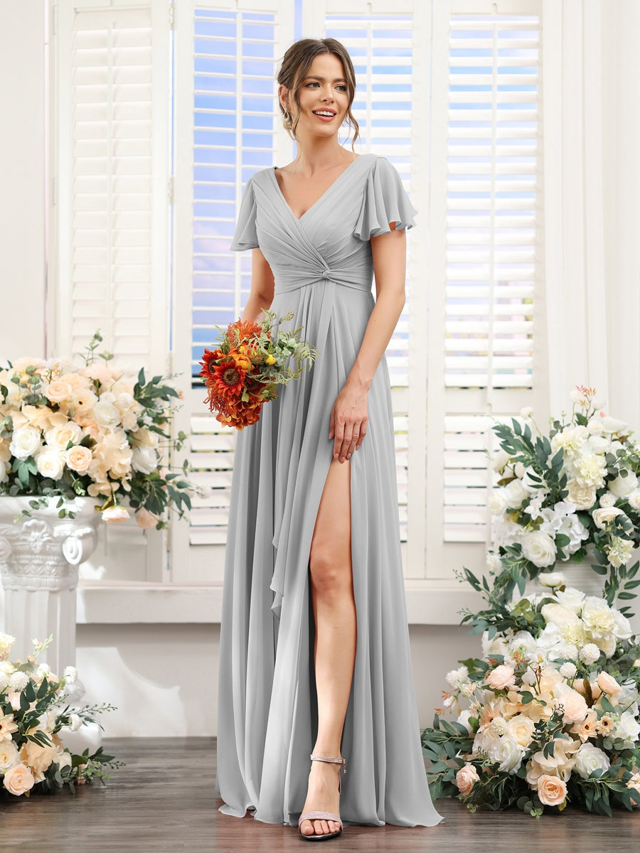 V-Neck A-Line Floor-Length Bridesmaid Dress with Side Split and Short Sleeves