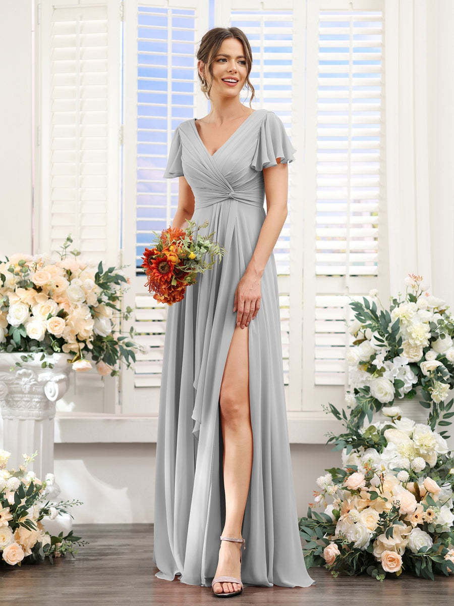 V-Neck A-Line Floor-Length Bridesmaid Dress with Side Split and Short Sleeves