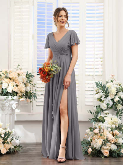 V-Neck A-Line Floor-Length Bridesmaid Dress with Side Split and Short Sleeves