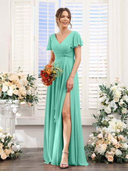 V-Neck A-Line Floor-Length Bridesmaid Dress with Side Split and Short Sleeves