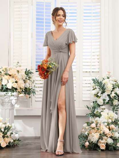 V-Neck A-Line Floor-Length Bridesmaid Dress with Side Split and Short Sleeves