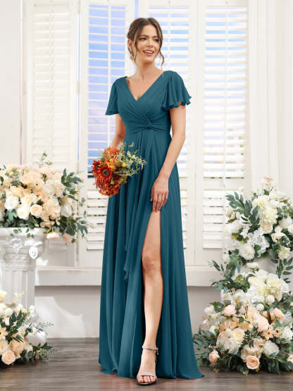 V-Neck A-Line Floor-Length Bridesmaid Dress with Side Split and Short Sleeves