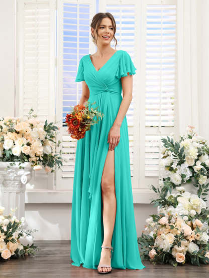 V-Neck A-Line Floor-Length Bridesmaid Dress with Side Split and Short Sleeves
