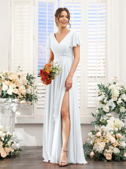 V-Neck A-Line Floor-Length Bridesmaid Dress with Side Split and Short Sleeves