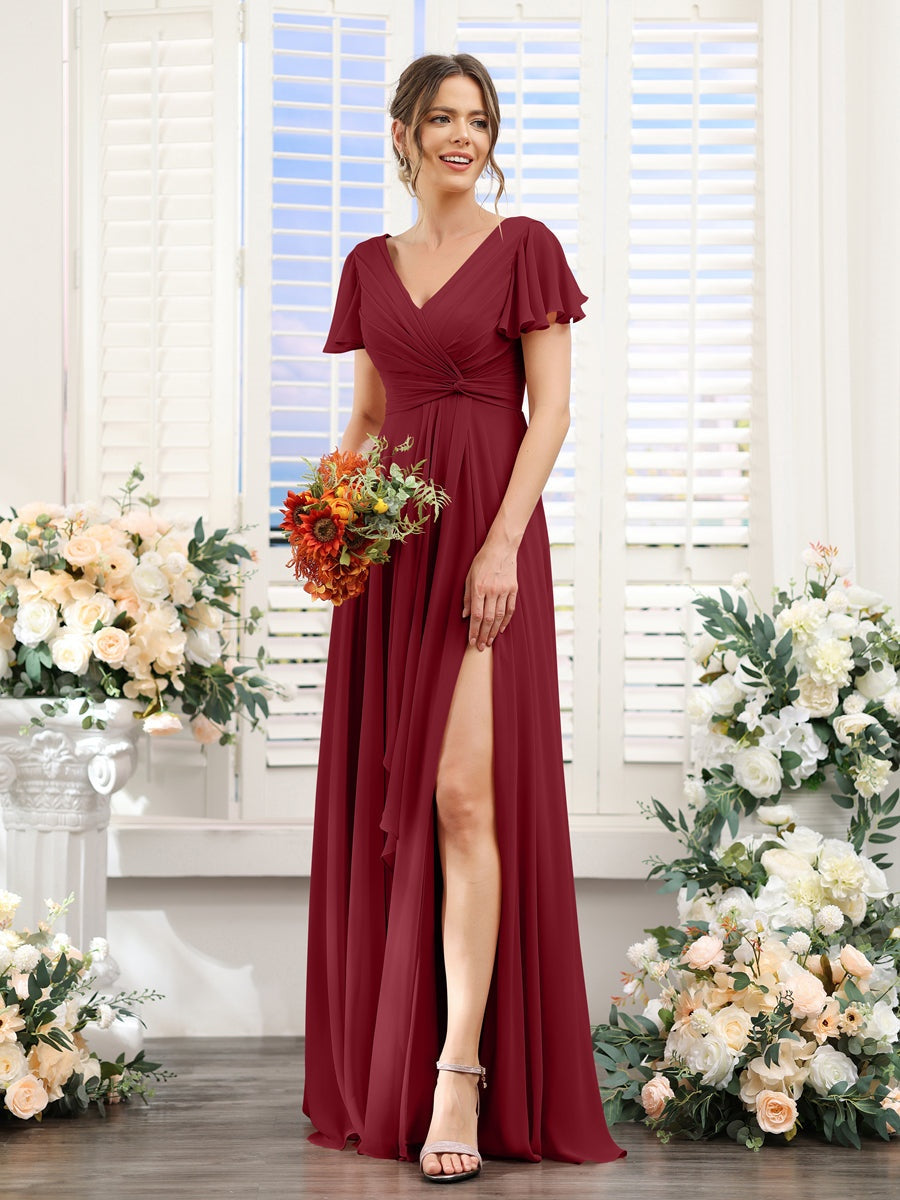 V-Neck A-Line Floor-Length Bridesmaid Dress with Side Split and Short Sleeves