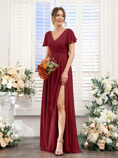 V-Neck A-Line Floor-Length Bridesmaid Dress with Side Split and Short Sleeves