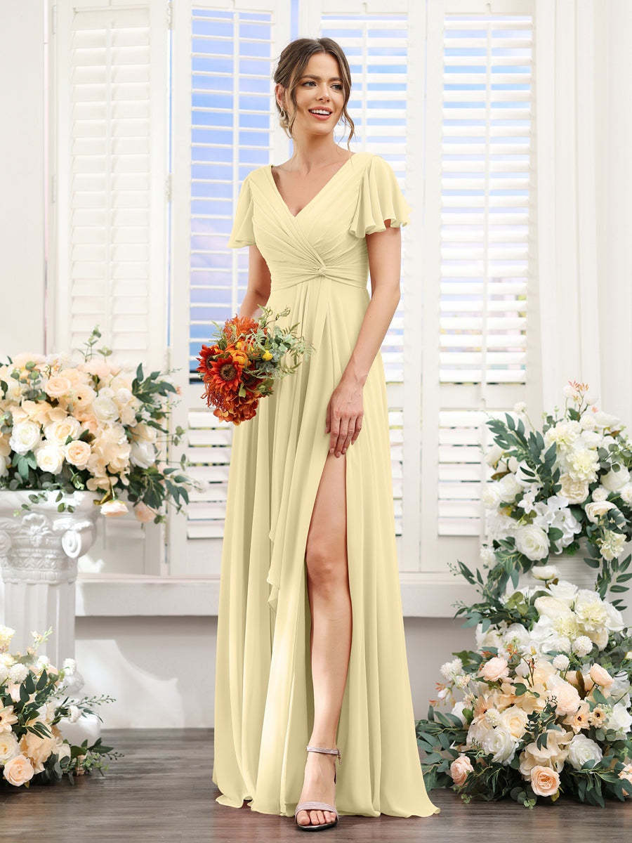 V-Neck A-Line Floor-Length Bridesmaid Dress with Side Split and Short Sleeves