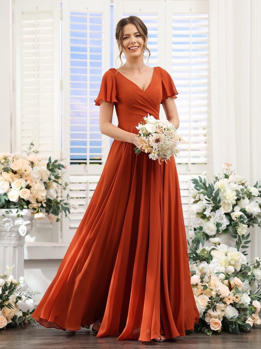 V-Neck A-Line Bridesmaid Dresses with Short Sleeves, Side Split & Ruched Princess Design