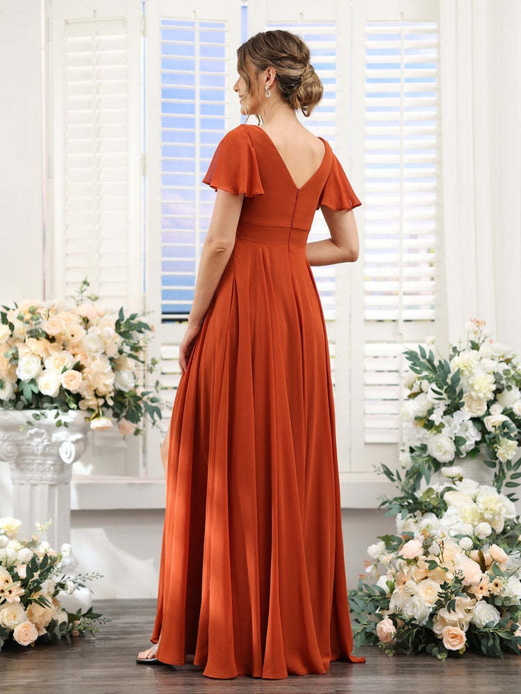 V-Neck A-Line Bridesmaid Dresses with Short Sleeves, Side Split & Ruched Princess Design