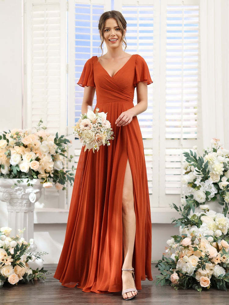 V-Neck A-Line Bridesmaid Dresses with Short Sleeves, Side Split & Ruched Princess Design