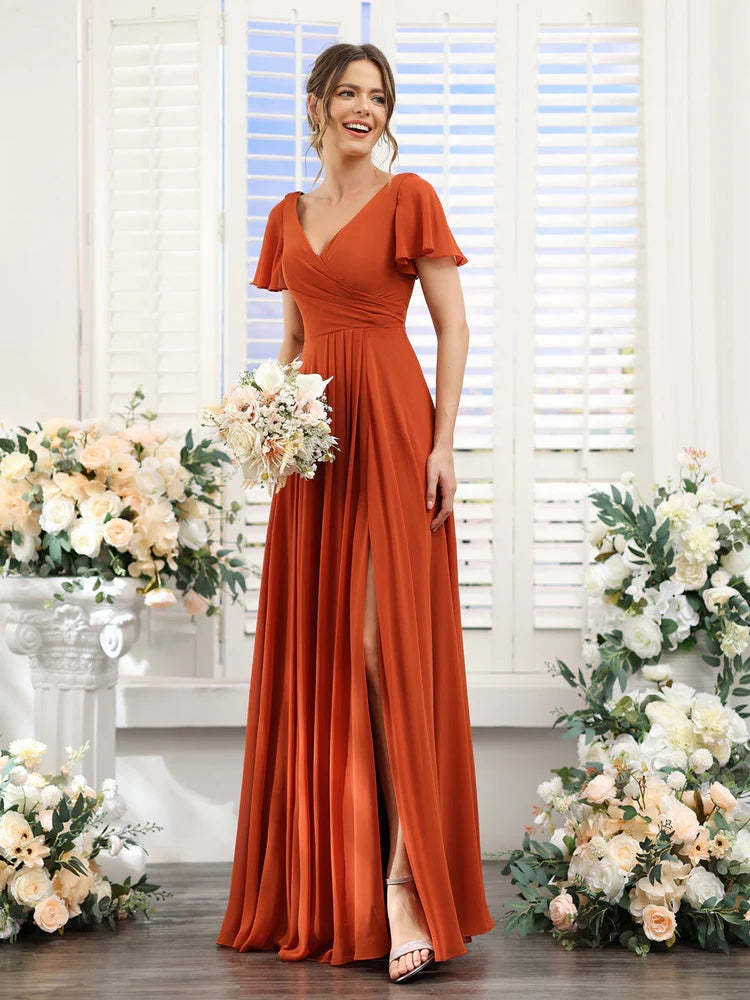 V-Neck A-Line Bridesmaid Dresses with Short Sleeves, Side Split & Ruched Princess Design