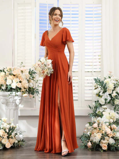 V-Neck A-Line Bridesmaid Dresses with Short Sleeves, Side Split & Ruched Princess Design