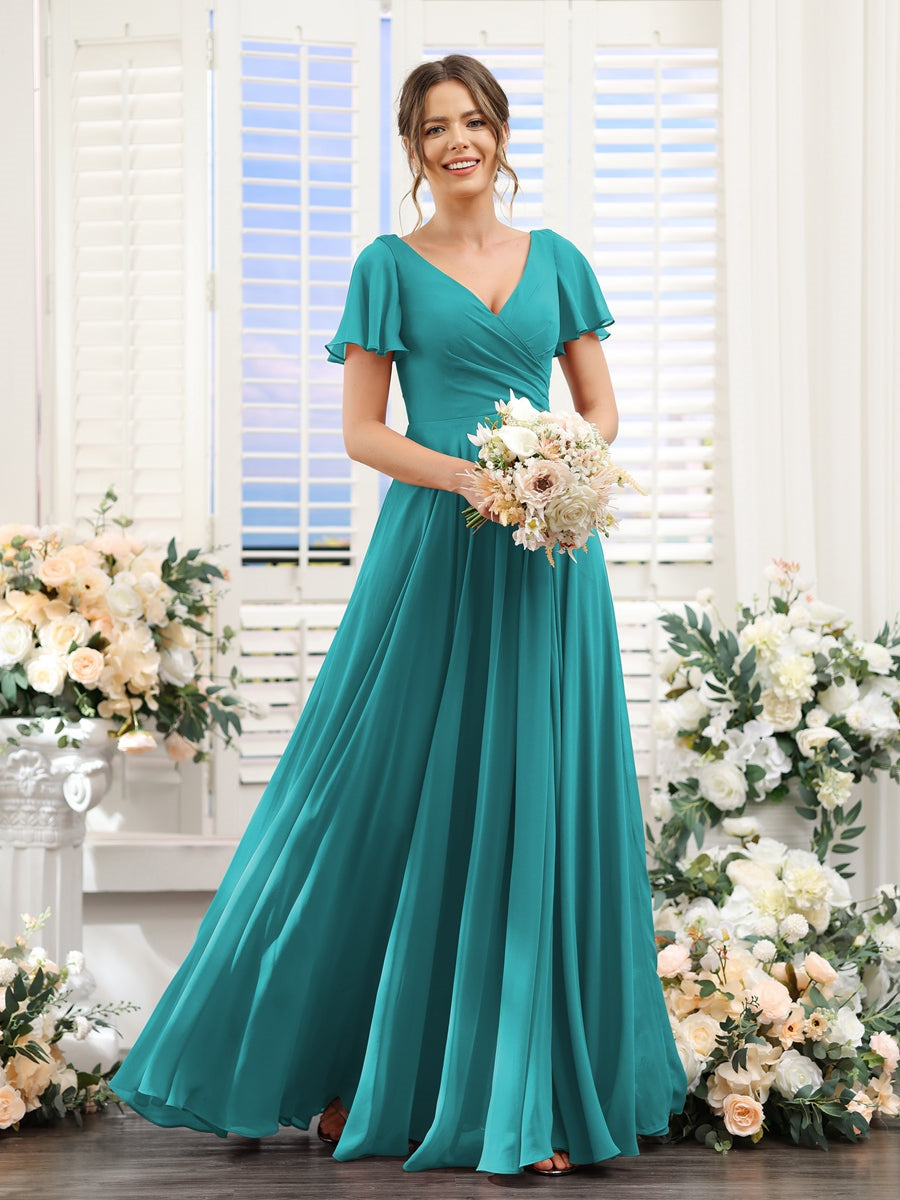V-Neck A-Line Bridesmaid Dresses with Short Sleeves, Side Split & Ruched Princess Design
