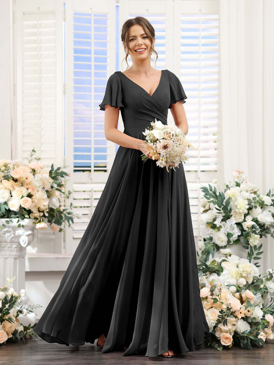 V-Neck A-Line Bridesmaid Dresses with Short Sleeves, Side Split & Ruched Princess Design