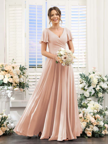 V-Neck A-Line Bridesmaid Dresses with Short Sleeves, Side Split & Ruched Princess Design