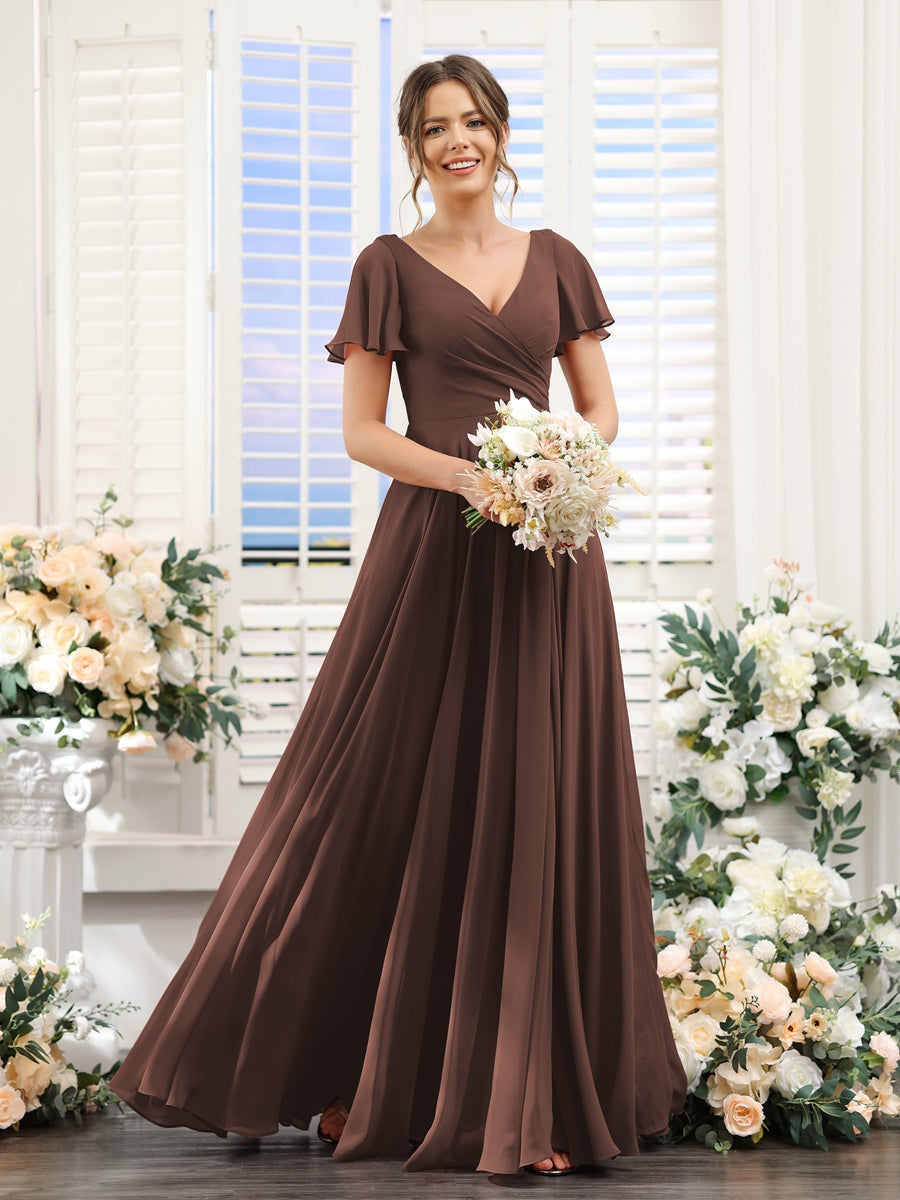 V-Neck A-Line Bridesmaid Dresses with Short Sleeves, Side Split & Ruched Princess Design