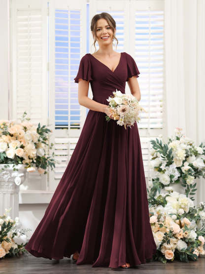 V-Neck A-Line Bridesmaid Dresses with Short Sleeves, Side Split & Ruched Princess Design