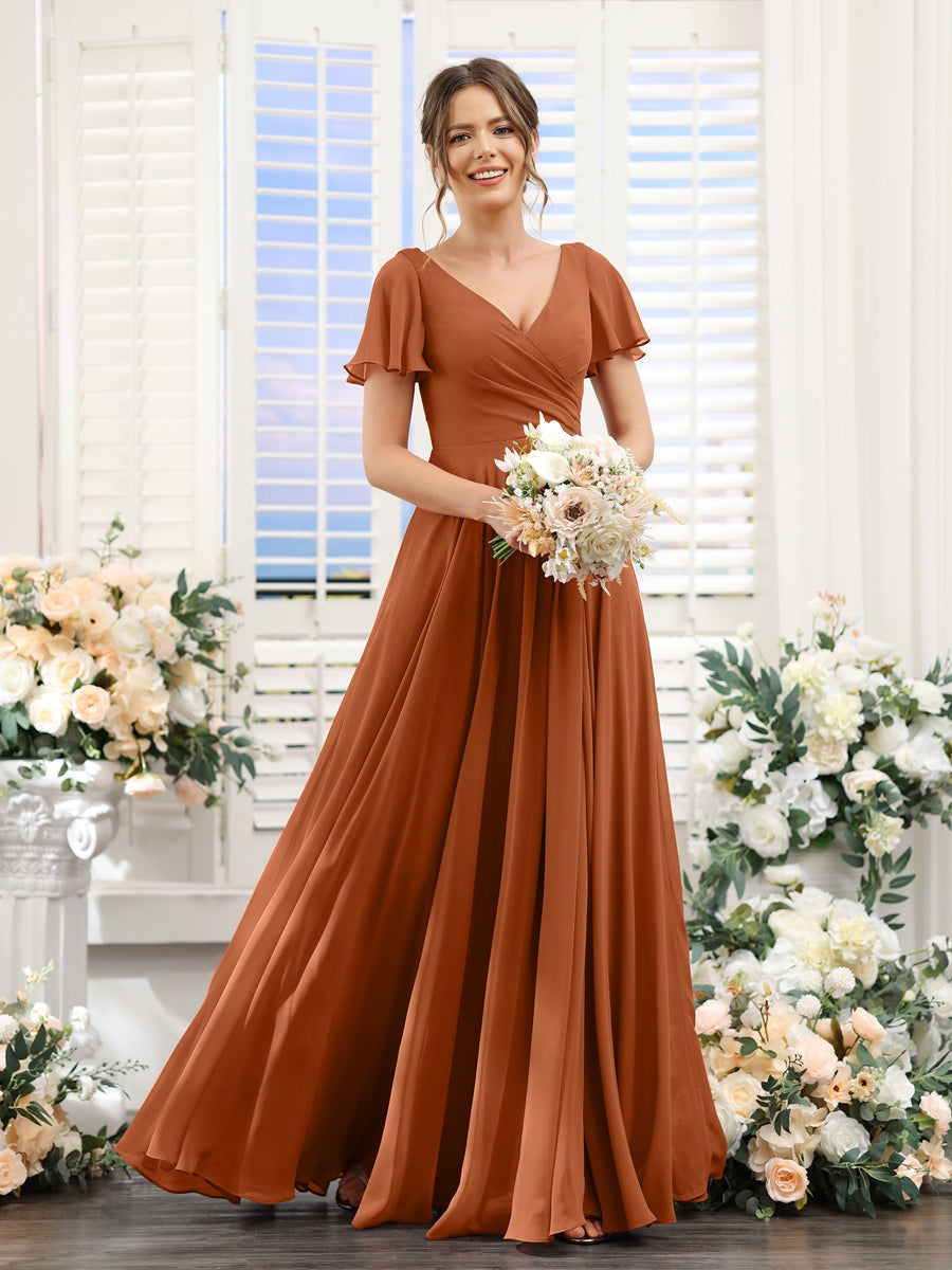 V-Neck A-Line Bridesmaid Dresses with Short Sleeves, Side Split & Ruched Princess Design