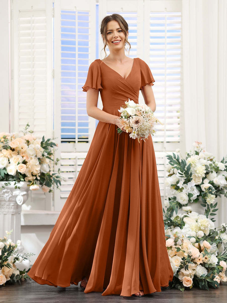 V-Neck A-Line Bridesmaid Dresses with Short Sleeves, Side Split & Ruched Princess Design