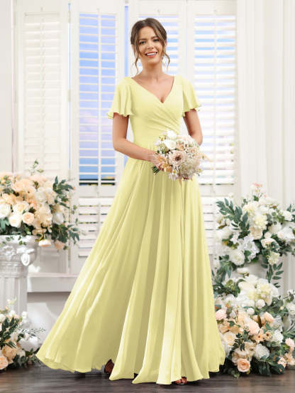 V-Neck A-Line Bridesmaid Dresses with Short Sleeves, Side Split & Ruched Princess Design
