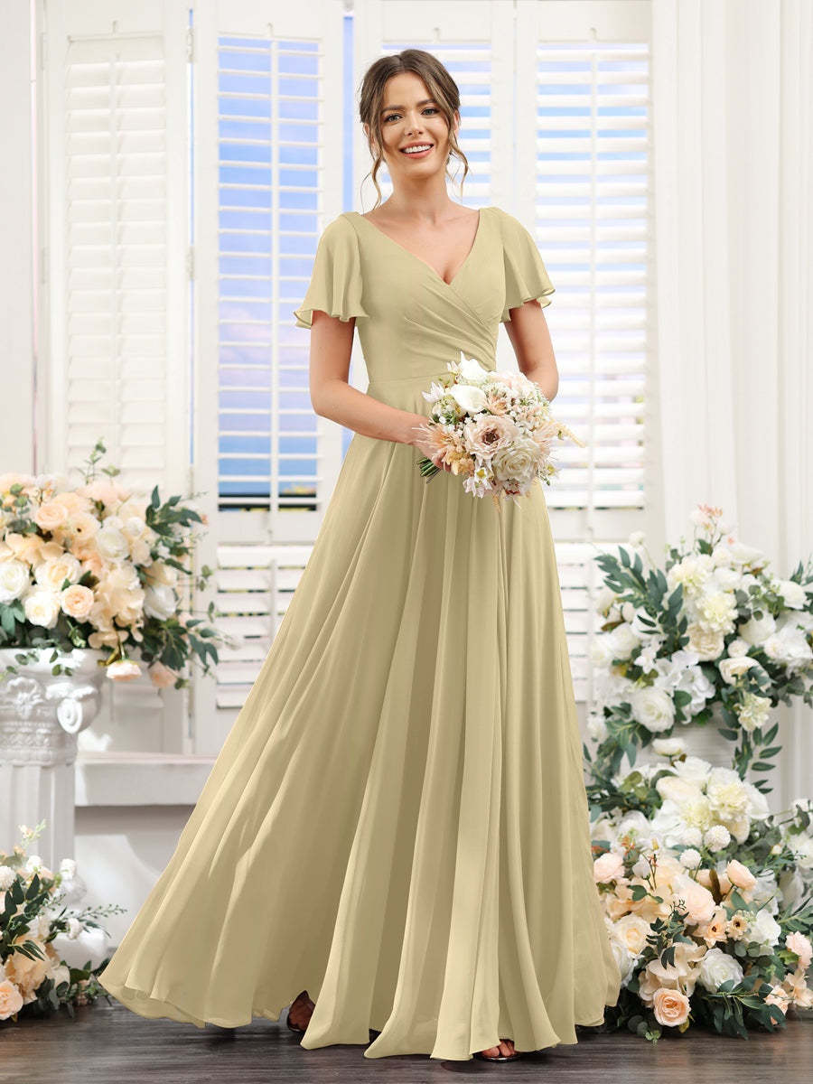 V-Neck A-Line Bridesmaid Dresses with Short Sleeves, Side Split & Ruched Princess Design