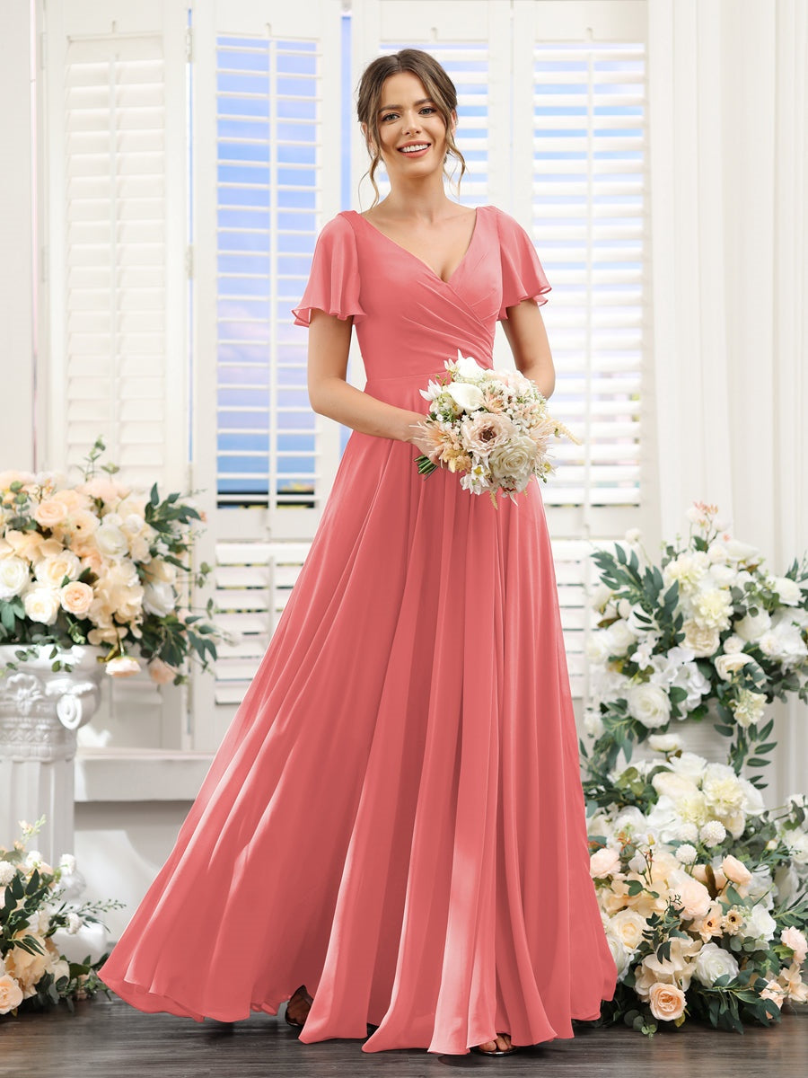 V-Neck A-Line Bridesmaid Dresses with Short Sleeves, Side Split & Ruched Princess Design