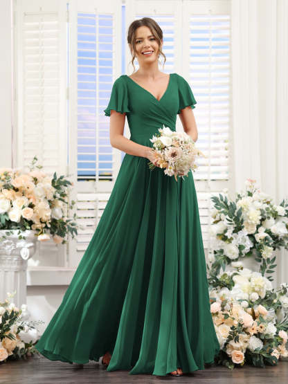V-Neck A-Line Bridesmaid Dresses with Short Sleeves, Side Split & Ruched Princess Design
