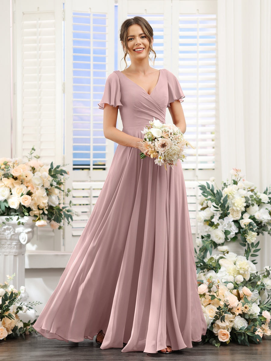 V-Neck A-Line Bridesmaid Dresses with Short Sleeves, Side Split & Ruched Princess Design