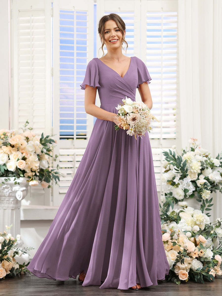 V-Neck A-Line Bridesmaid Dresses with Short Sleeves, Side Split & Ruched Princess Design