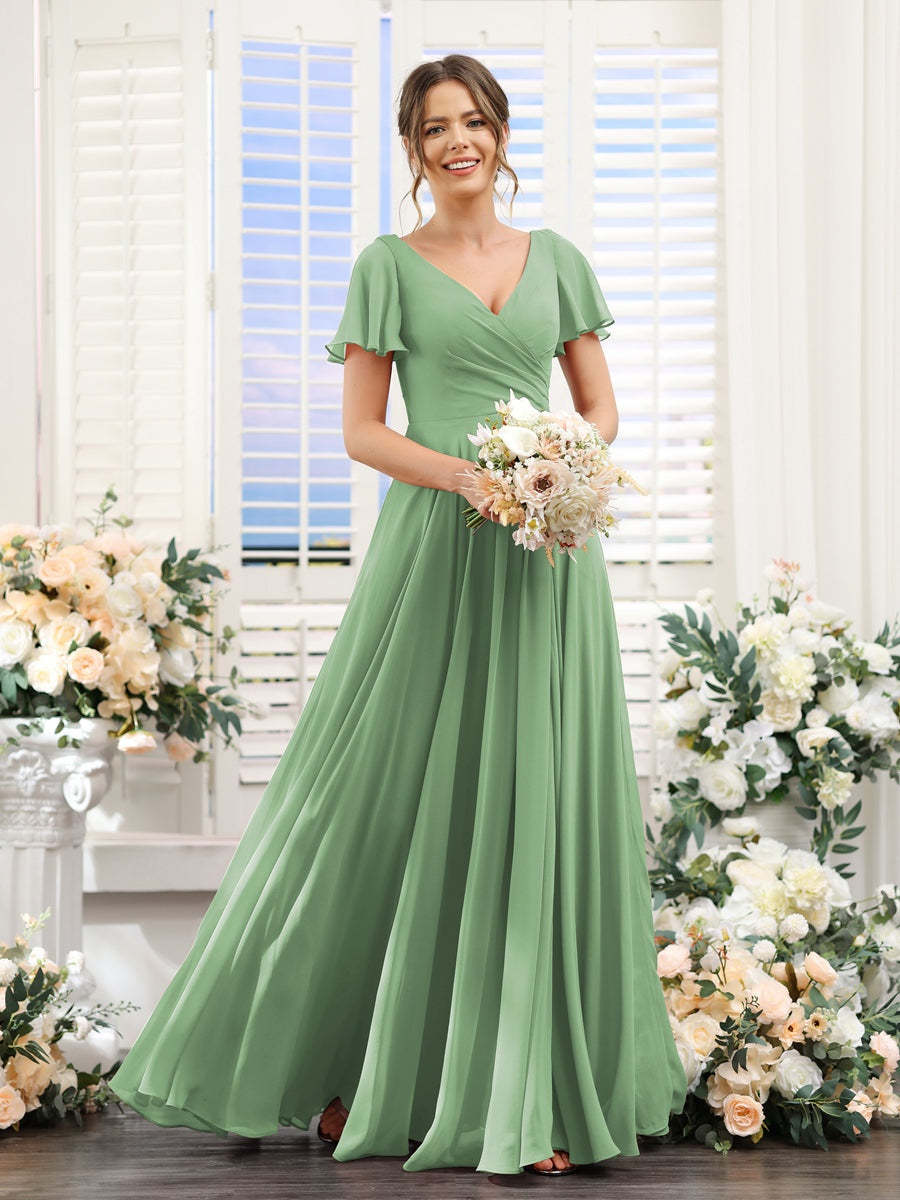 V-Neck A-Line Bridesmaid Dresses with Short Sleeves, Side Split & Ruched Princess Design