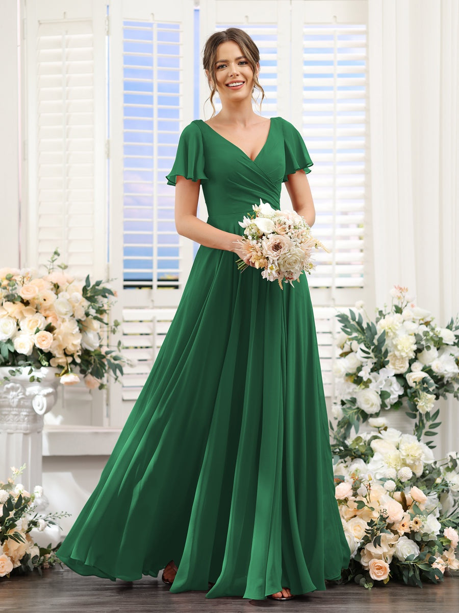 V-Neck A-Line Bridesmaid Dresses with Short Sleeves, Side Split & Ruched Princess Design