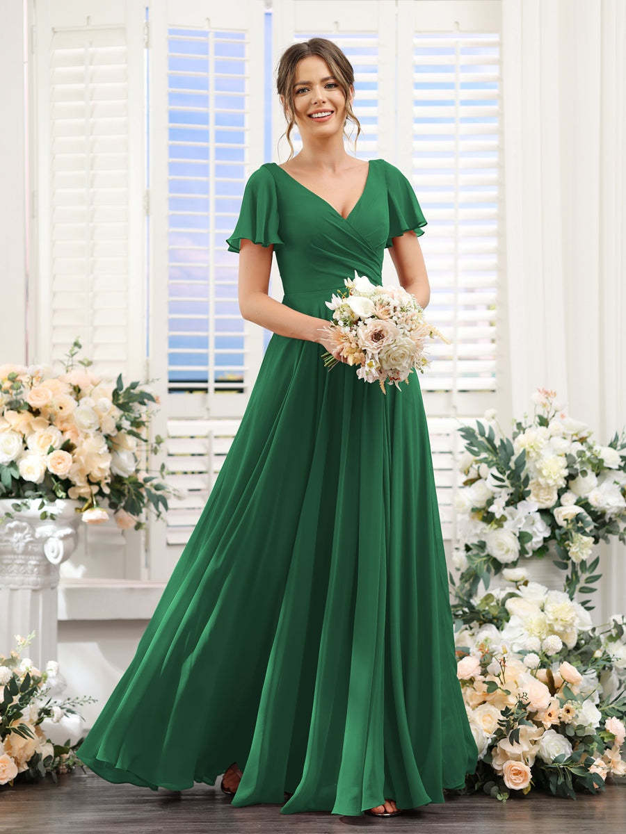 V-Neck A-Line Bridesmaid Dresses with Short Sleeves, Side Split & Ruched Princess Design