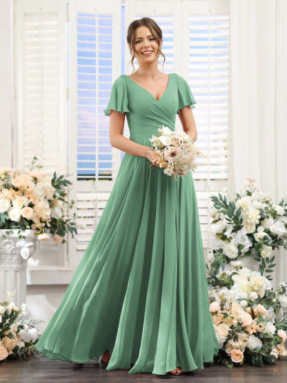 V-Neck A-Line Bridesmaid Dresses with Short Sleeves, Side Split & Ruched Princess Design