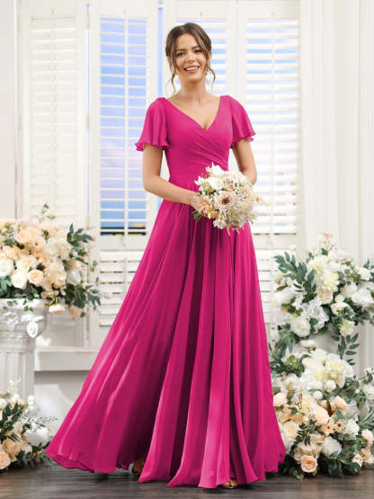 V-Neck A-Line Bridesmaid Dresses with Short Sleeves, Side Split & Ruched Princess Design
