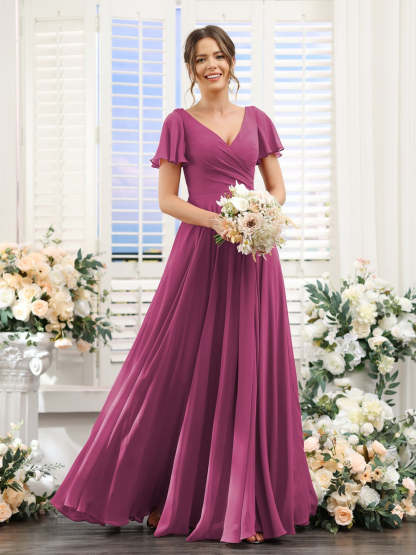 V-Neck A-Line Bridesmaid Dresses with Short Sleeves, Side Split & Ruched Princess Design