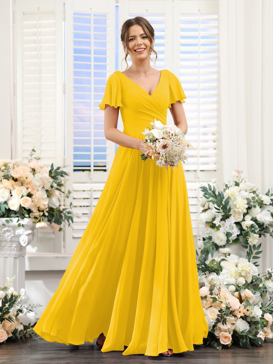 V-Neck A-Line Bridesmaid Dresses with Short Sleeves, Side Split & Ruched Princess Design