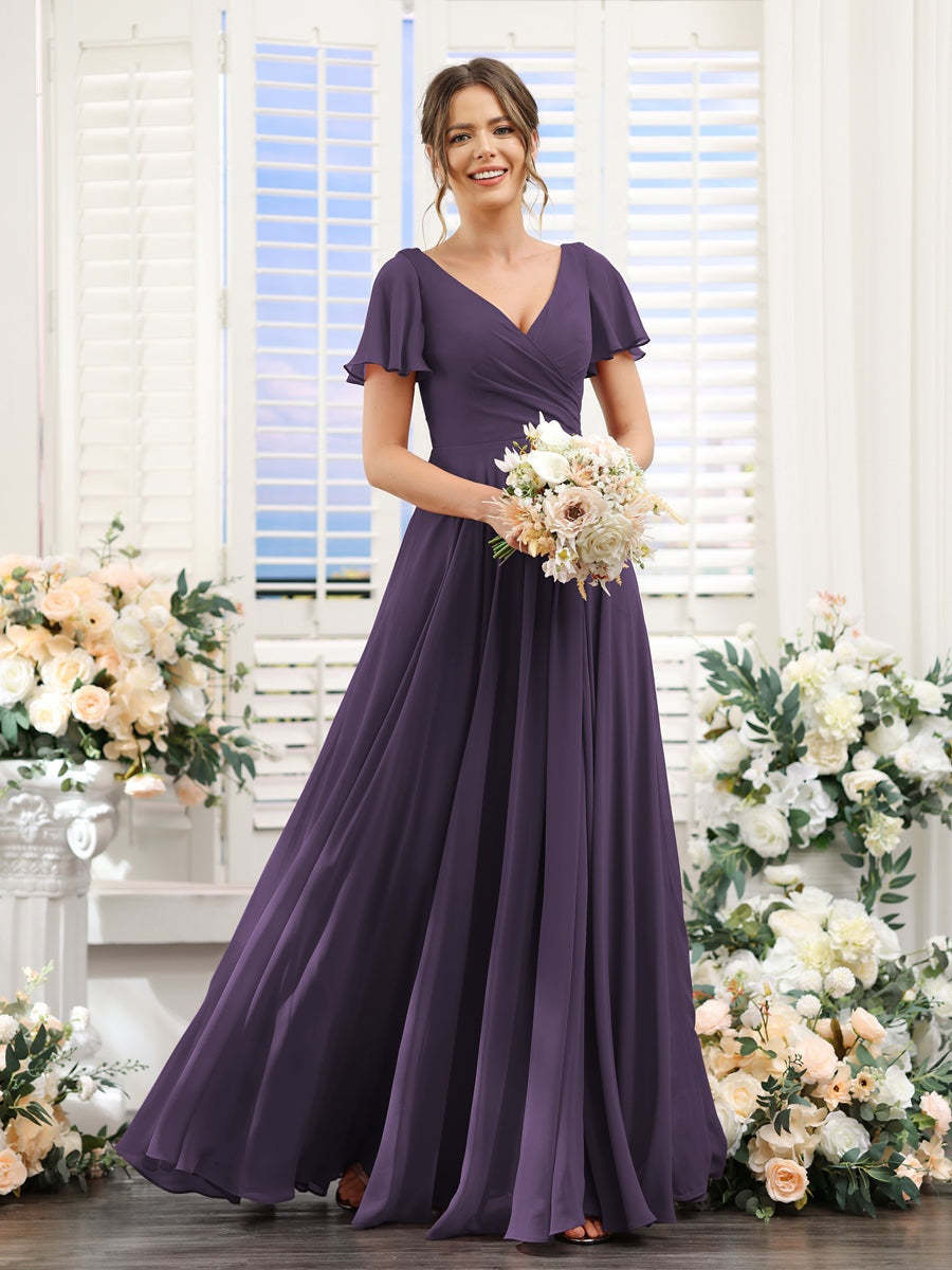 V-Neck A-Line Bridesmaid Dresses with Short Sleeves, Side Split & Ruched Princess Design