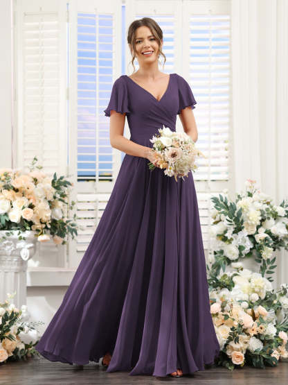 V-Neck A-Line Bridesmaid Dresses with Short Sleeves, Side Split & Ruched Princess Design