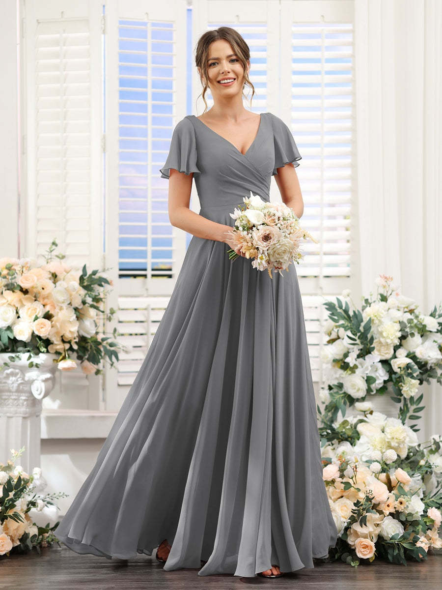 V-Neck A-Line Bridesmaid Dresses with Short Sleeves, Side Split & Ruched Princess Design