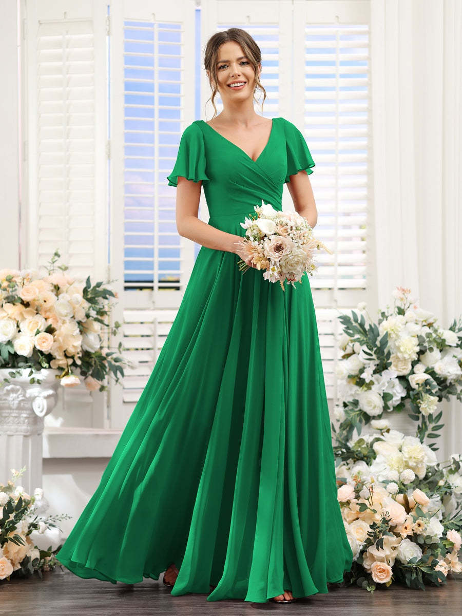 V-Neck A-Line Bridesmaid Dresses with Short Sleeves, Side Split & Ruched Princess Design