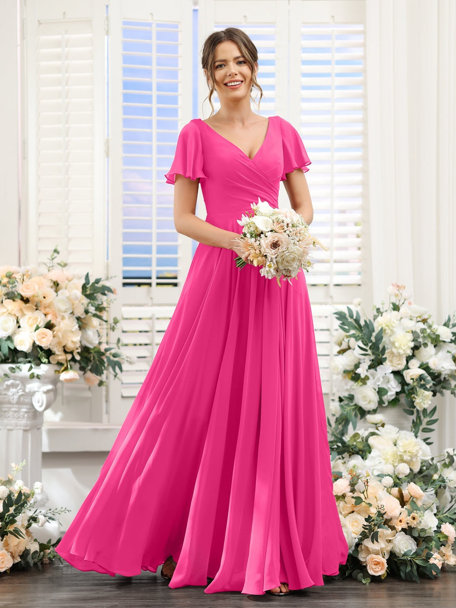 V-Neck A-Line Bridesmaid Dresses with Short Sleeves, Side Split & Ruched Princess Design