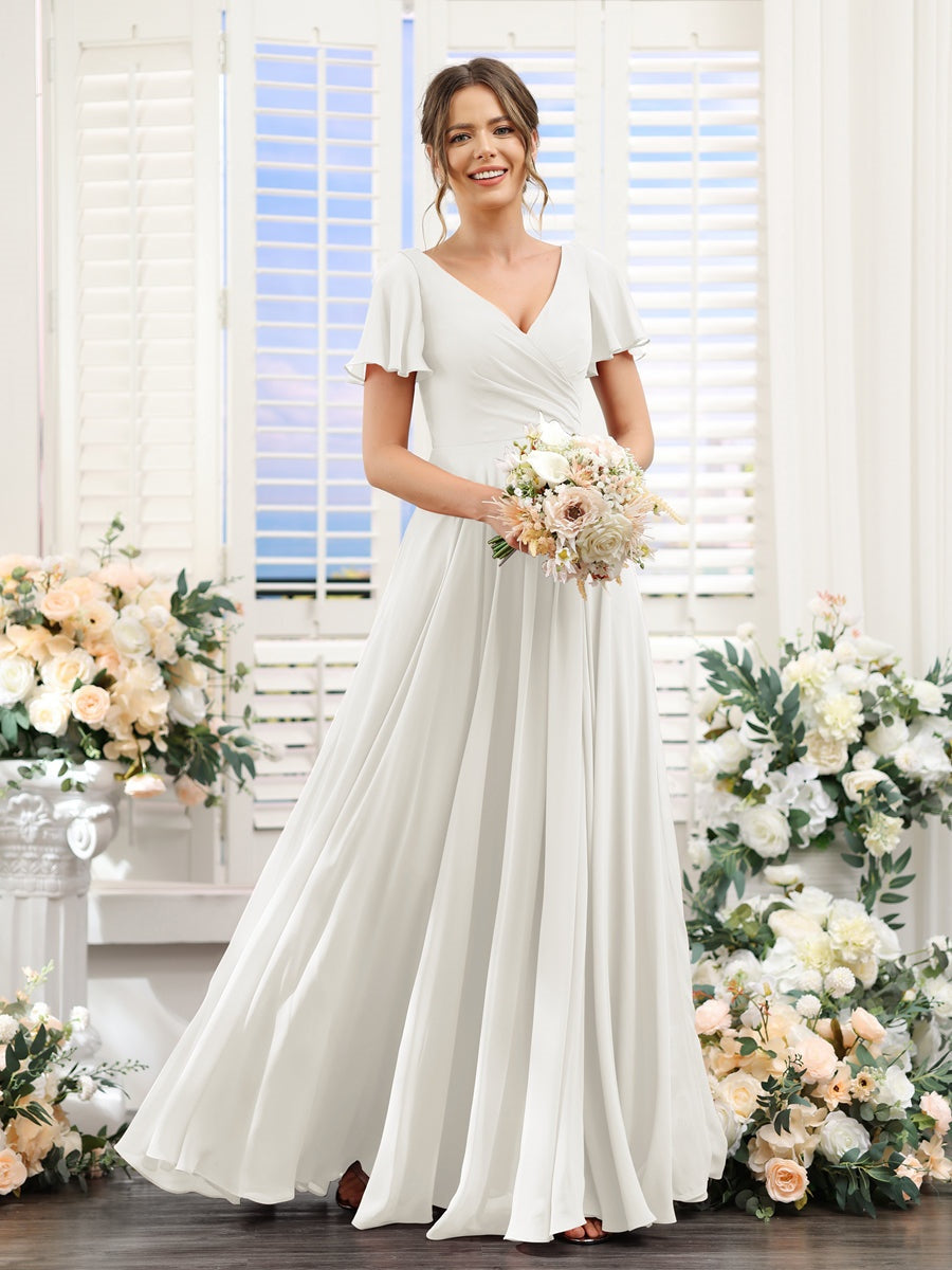 V-Neck A-Line Bridesmaid Dresses with Short Sleeves, Side Split & Ruched Princess Design