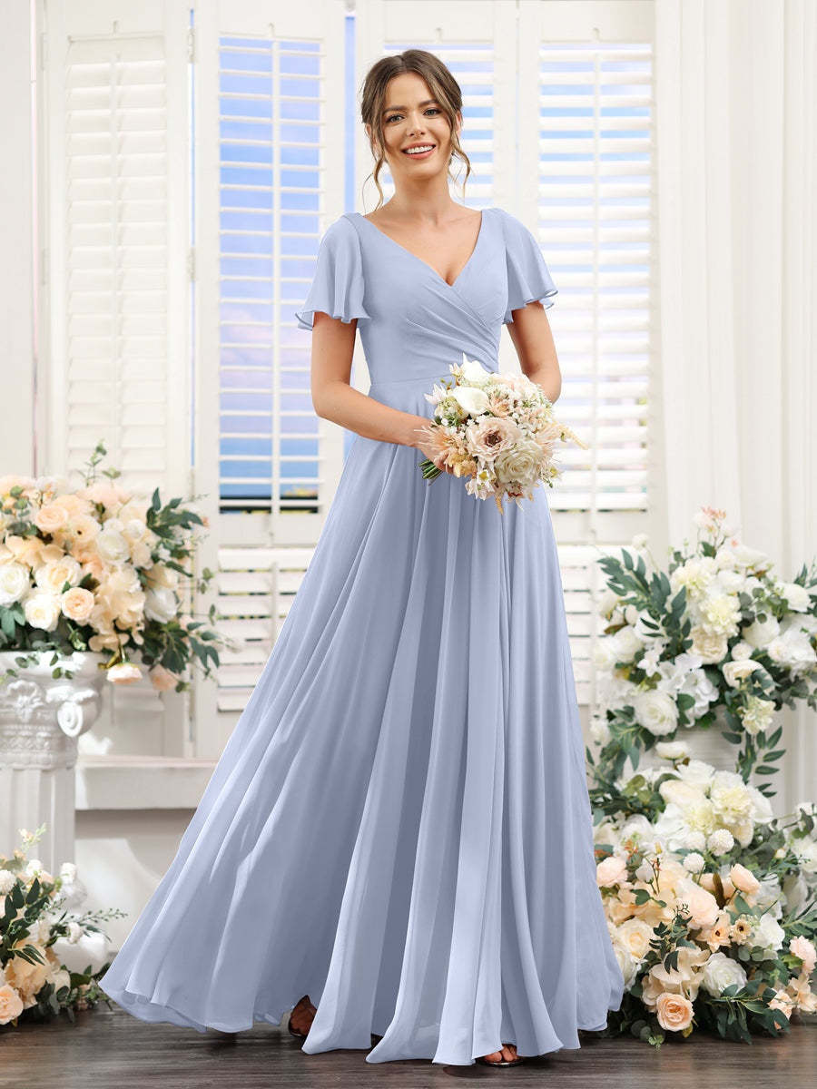 V-Neck A-Line Bridesmaid Dresses with Short Sleeves, Side Split & Ruched Princess Design