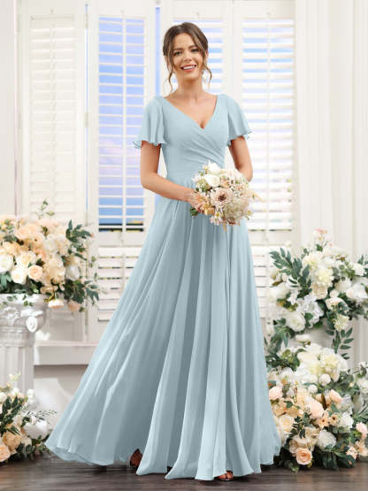 V-Neck A-Line Bridesmaid Dresses with Short Sleeves, Side Split & Ruched Princess Design