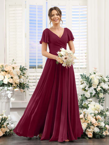 V-Neck A-Line Bridesmaid Dresses with Short Sleeves, Side Split & Ruched Princess Design