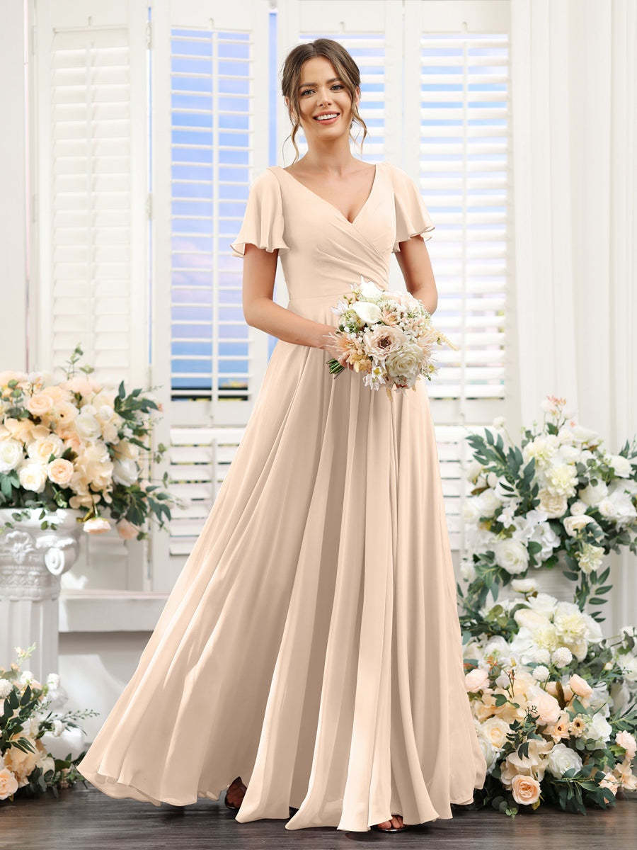 V-Neck A-Line Bridesmaid Dresses with Short Sleeves, Side Split & Ruched Princess Design